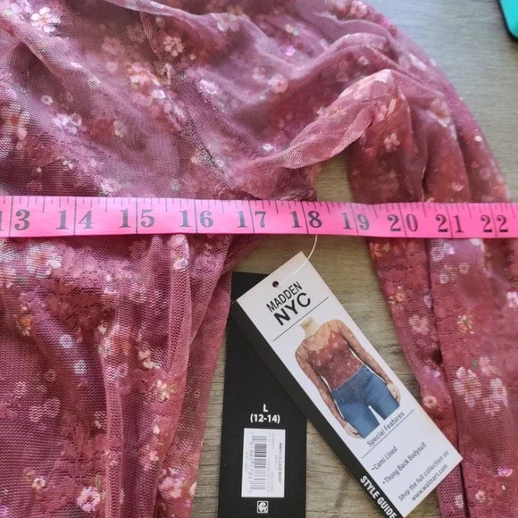 Madden NYC Womens Floral Lace Long Sleeve Bodysuit Merlot NT674A89D Large - Picture 4 of 5